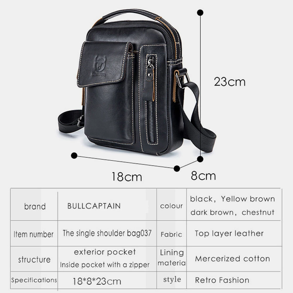 (image for) BULLCAPTAIN Genuine Leather Business Messenger Bag Retro Mini Vintage Shoulder Bag Crossbody Bag for Men Multi-functional Leather Mobile Phone Bags